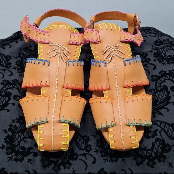 Farm Rio Caramel Palm Tree Strap Sandals NWOT Women's US 9 Bohemian Leather - Picture 5 of 14